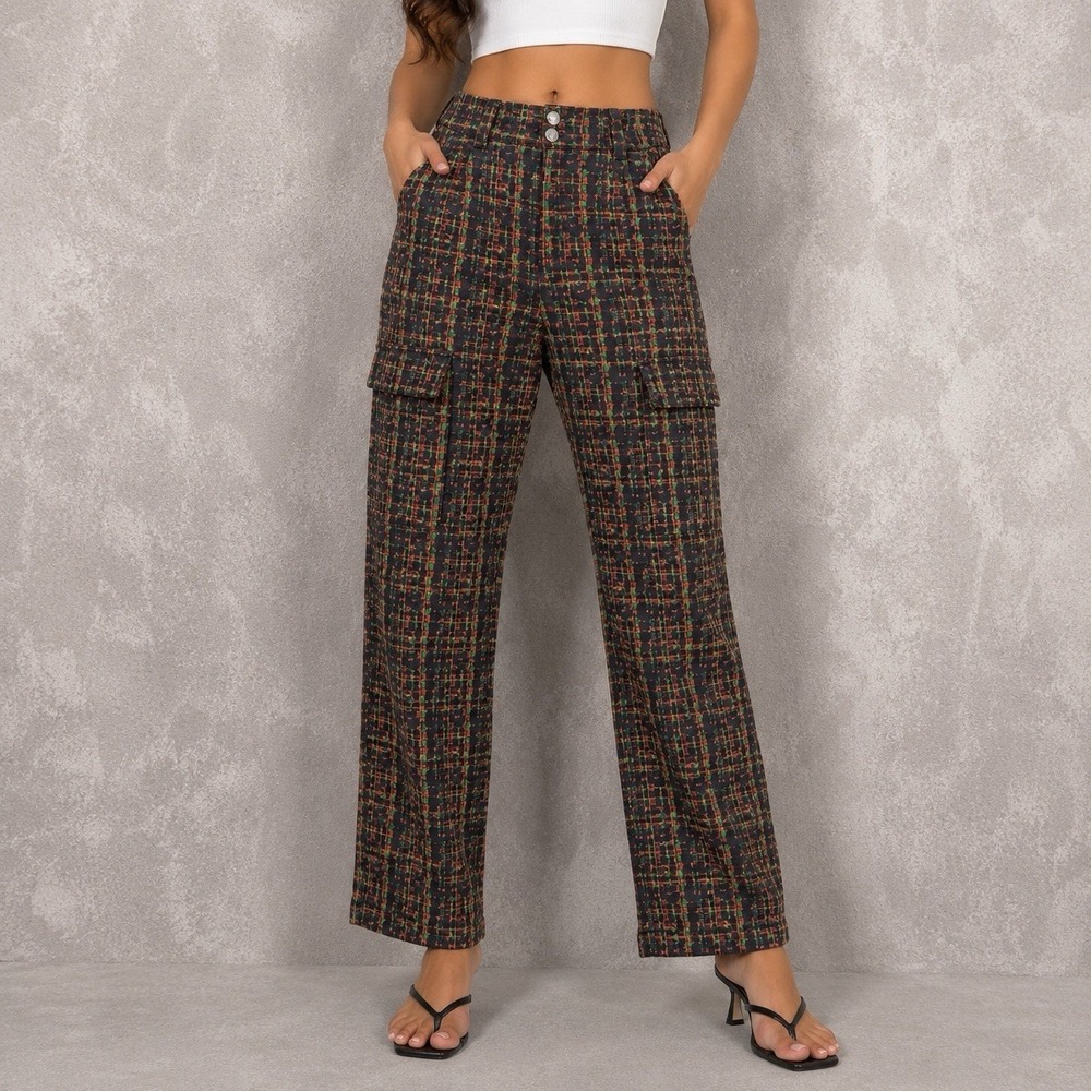 I.AM.GIA Pants Womens Small Multicolor Geometric Plaid Cargo Straight Leg